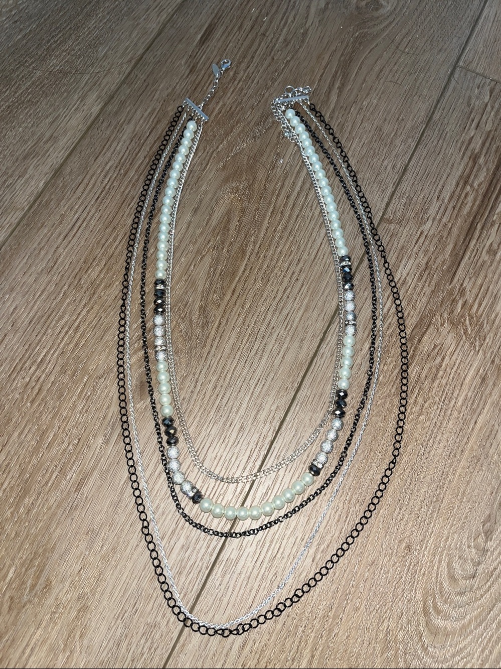 New York & Company Silver and White Layered Beaded Necklace